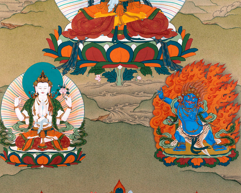 Manjushri With Chenrezig and Vajrapani Thangka | Tibetan Buddhist Thangka Painting