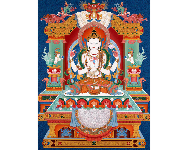 Chenrezig Thangka Print  | Buddhist Art Prints | Traditional Art of Avalokiteshvara
