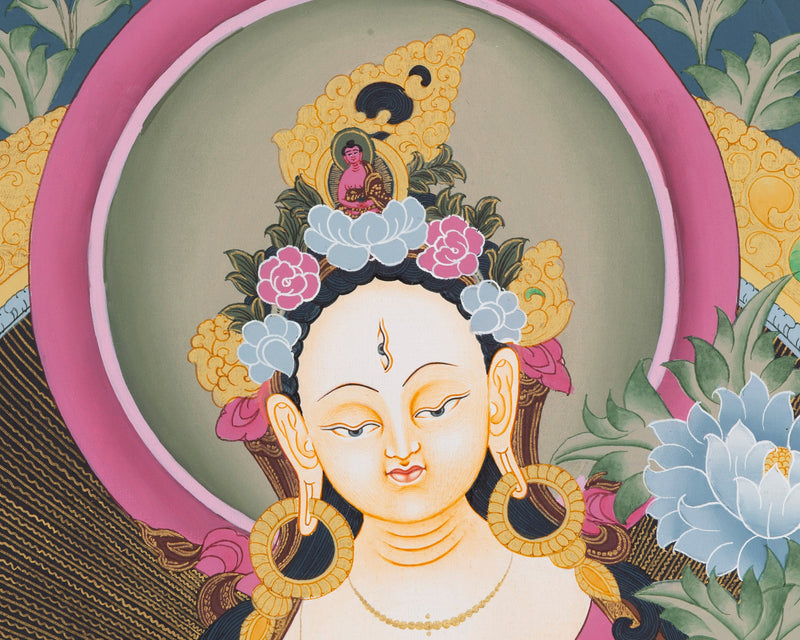 White Tara Thangka Painting | Female Bodhisattva Art | Religious Wall Art