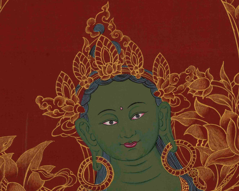 Original Green Tara Thangka | 24K Gold Style Artwork | Wall Decors