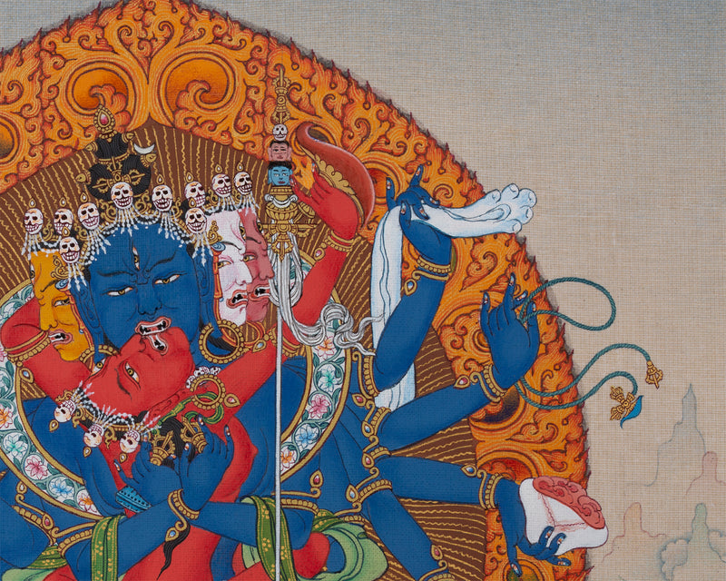 12 Armed Chakrasamvara- Vajravarahi, Tibetan Thangka Painting in Natural Stone Colors