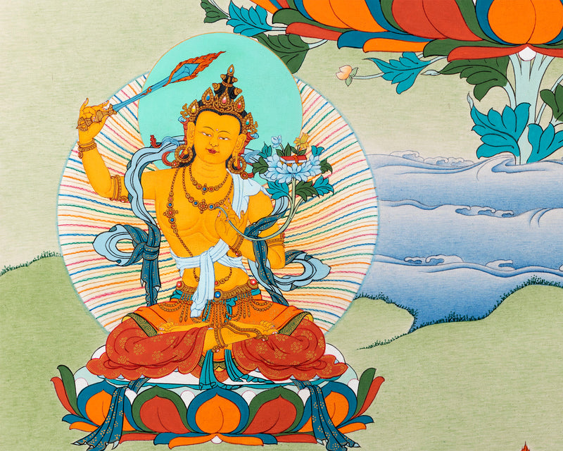 Bodhisattva Thangka | Genuine 24K Gold Hand Painted Tibetan Art | Avalokiteshvara, Vajrapani & Manjushri