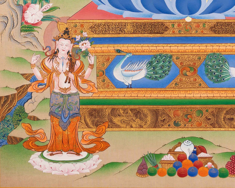 Amitabha Buddha With Chenrezig and Vajrapani Thangka | Traditionally Hand-Painted Art