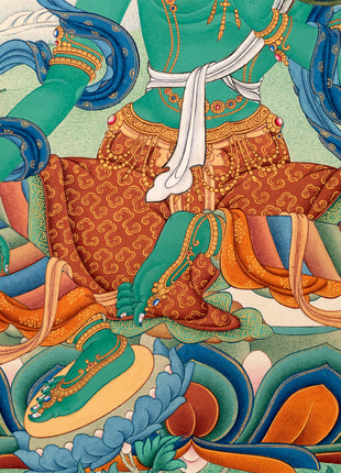 Green Tara | Traditional Tibetan Tara Thangka in Natural stone colors