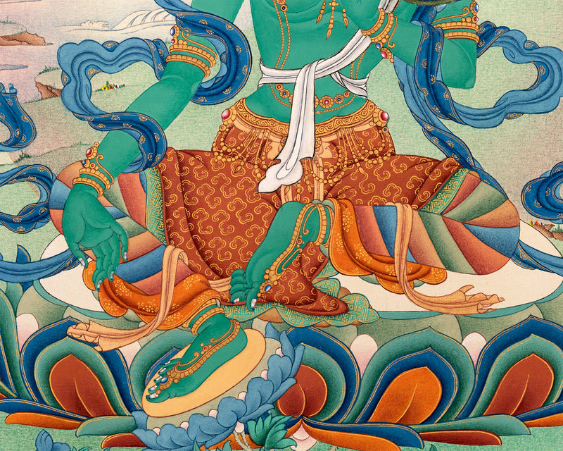 Green Tara | Traditional Tibetan Tara Thangka in Natural stone colors