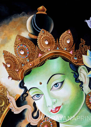 Green Tara Mantra Symbol Newari Print | Mother Of All Buddhas, Green Tara Print For Wall Hanging