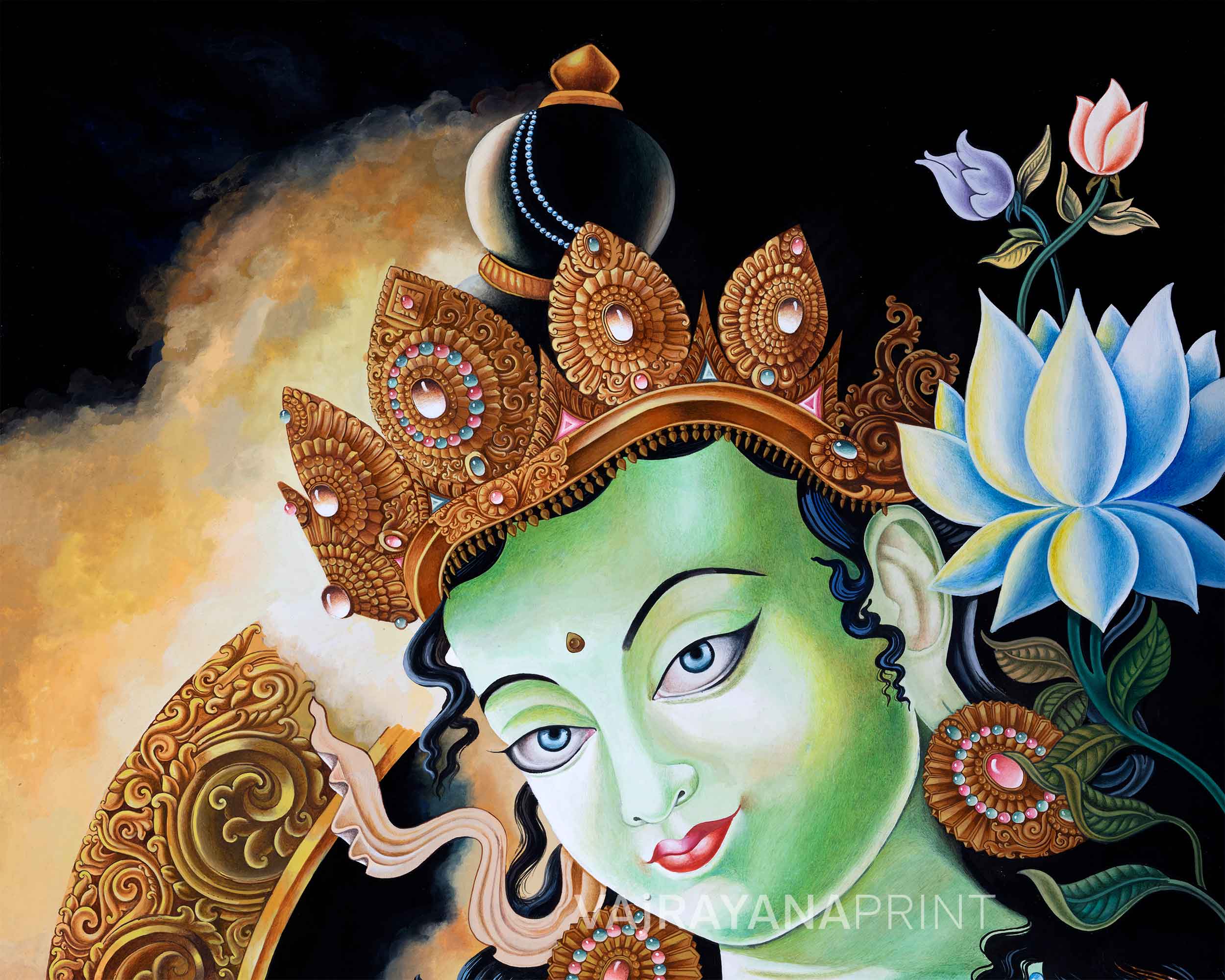 Green Tara Mantra Symbol Newari Print | Mother Of All Buddhas, Green Tara Print For Wall Hanging