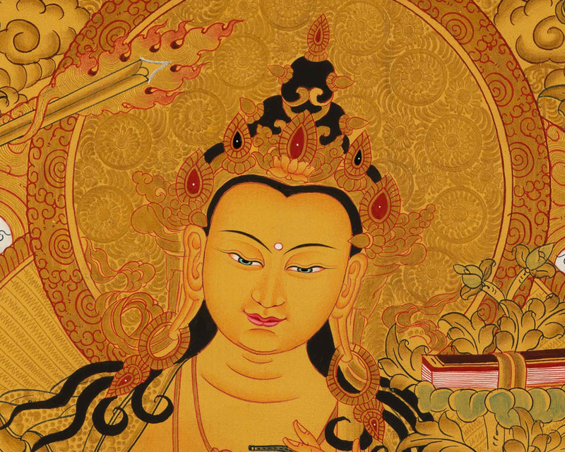 Gold Manjushree Thangka | Hand Painted Bodhisattva Art