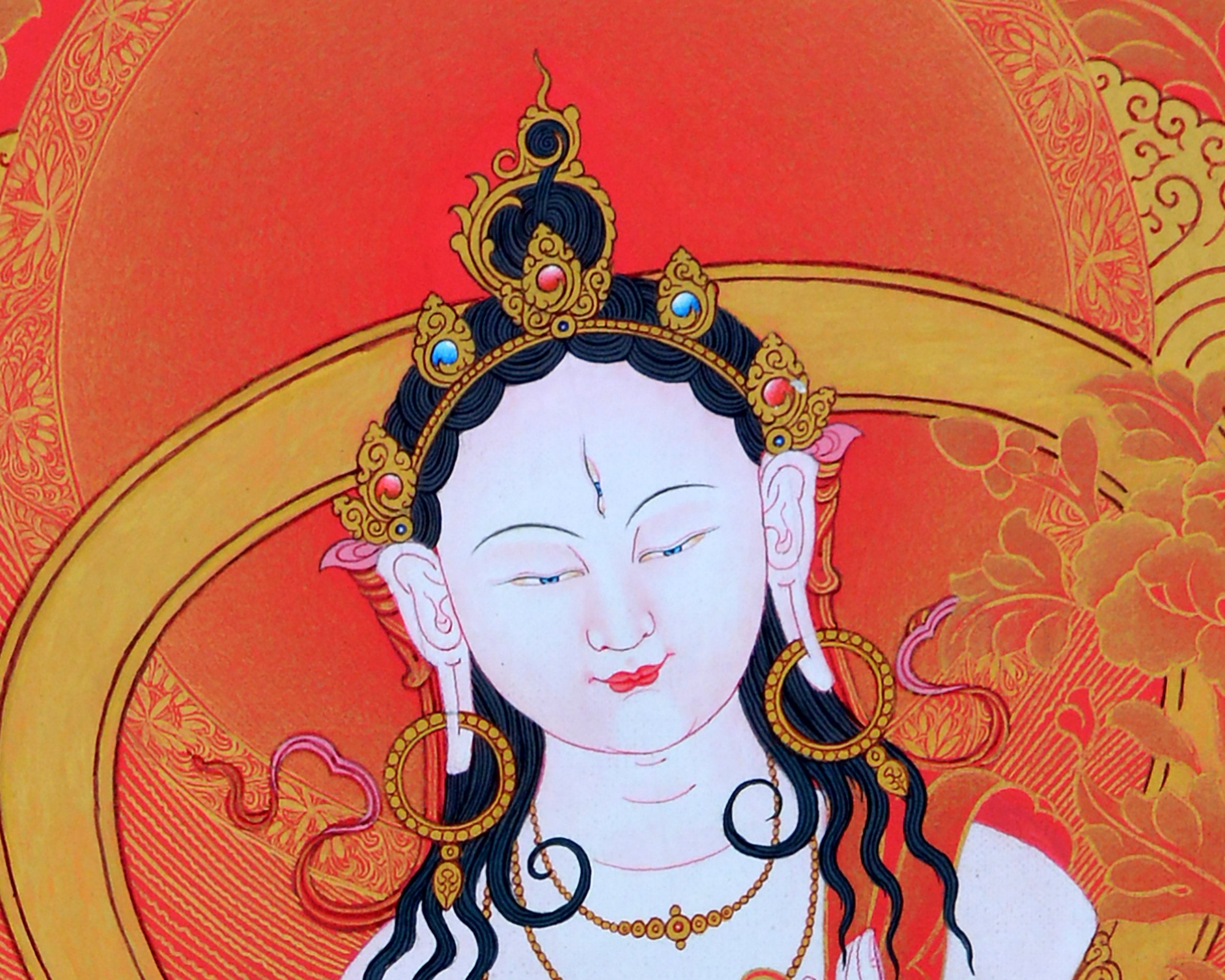 Tibetan White Tara Thangka | Tara In Red and Gold