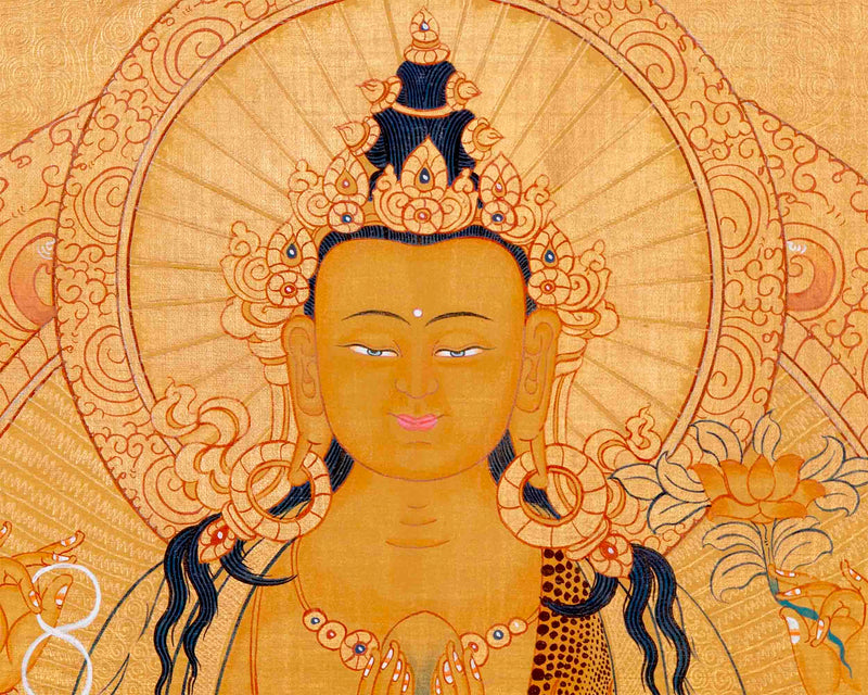 24K Gold Style Avalokitesvara Chengrezig Thangka | Wall Decor