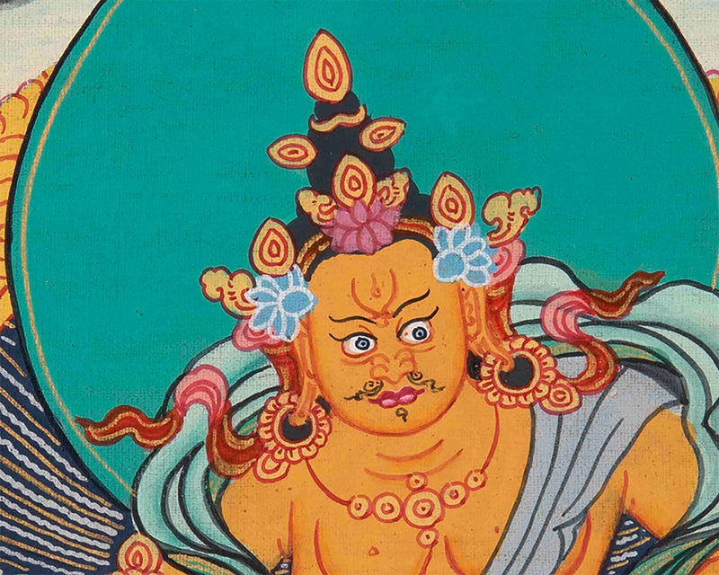 Dzambala Kubera Thangka With Brocade | Hand-Painted Deity Of Wealth
