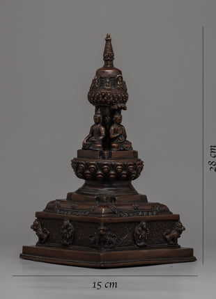 28"cm Tibetan Buddhist Stupa | Exquisite Handmade Oxidized Copper Pagoda Chaitya Statue