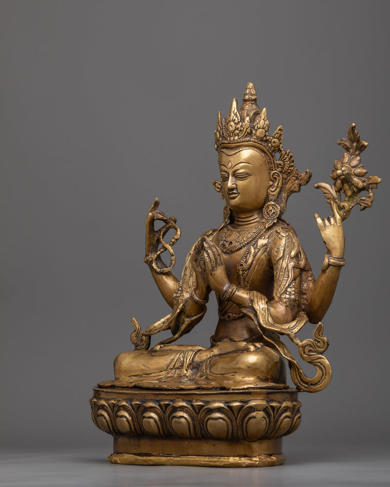 Brass Chenresig Statue | Artisanal Craft for Altars and Sacred Spaces