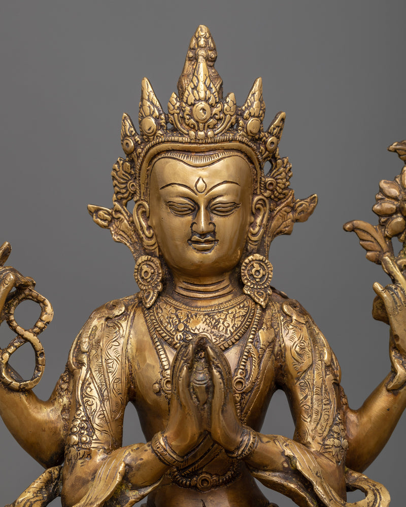 Brass Chenresig Statue | Artisanal Craft for Altars and Sacred Spaces