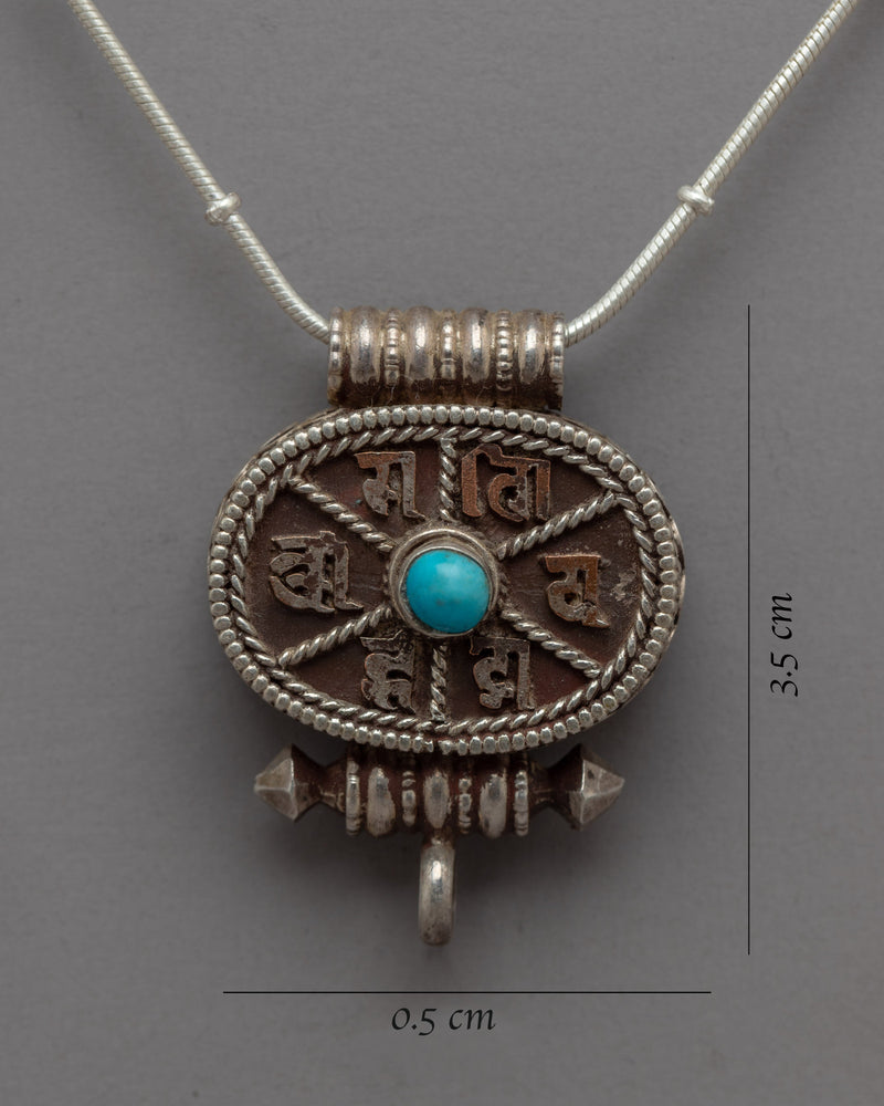 Turquoise Mantra Silver Locket | Engraved with Sacred Mantras