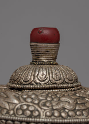 Silver Dhupur Rice Pot | Tibetan Food Offering with Plastic Amber