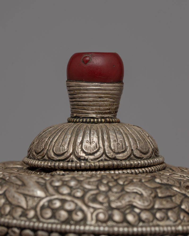 Silver Dhupur Rice Pot | Tibetan Food Offering with Plastic Amber