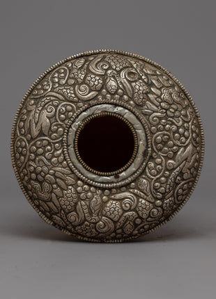 Silver Dhupur Rice Pot | Tibetan Food Offering with Plastic Amber