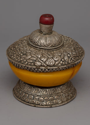 Silver Dhupur Rice Pot | Tibetan Food Offering with Plastic Amber