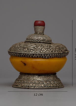 Silver Dhupur Rice Pot | Tibetan Food Offering with Plastic Amber