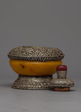 Silver Dhupur Rice Pot | Tibetan Food Offering with Plastic Amber