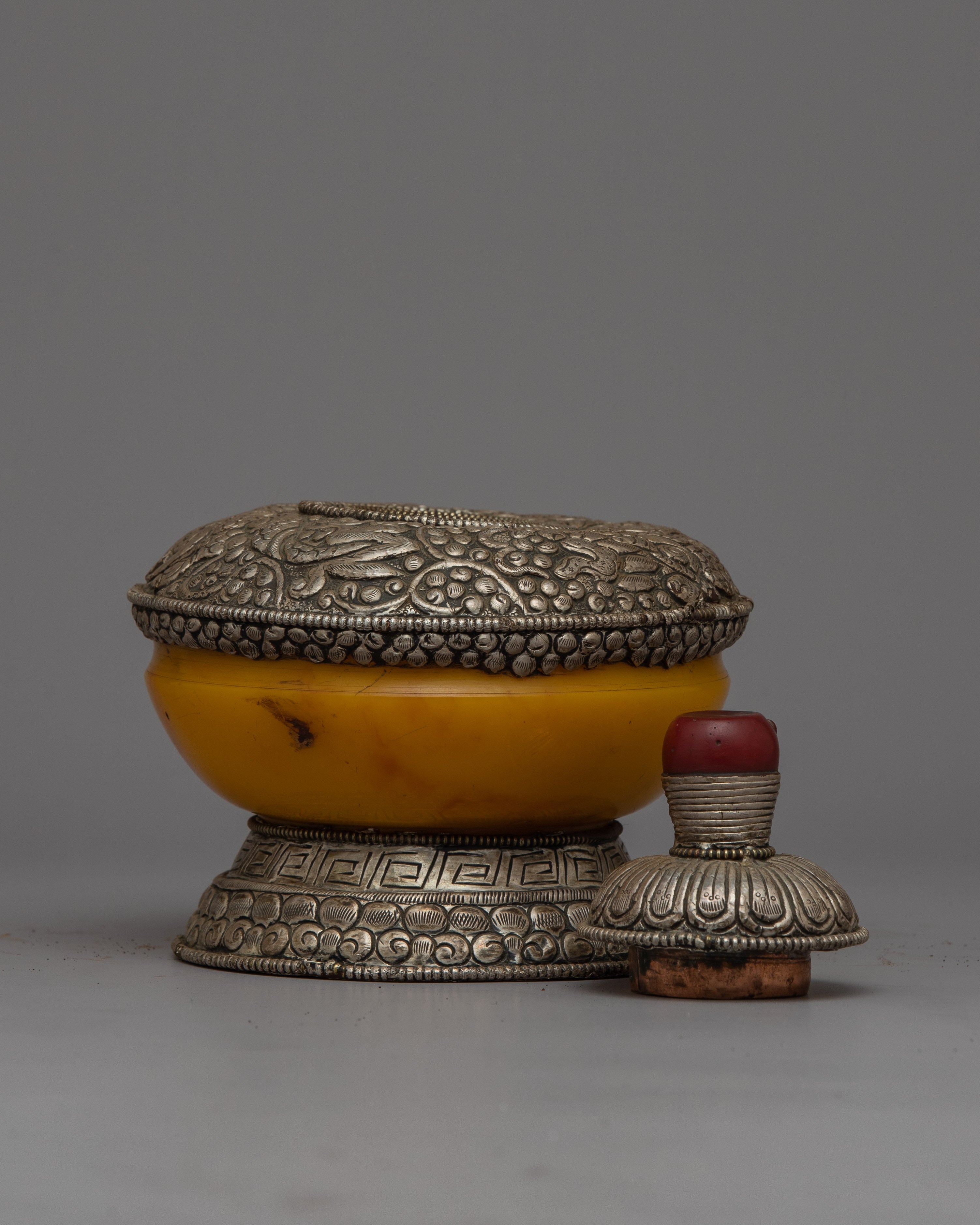 Silver Dhupur Rice Pot | Tibetan Food Offering with Plastic Amber