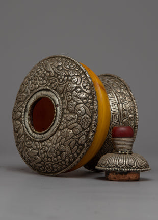 Silver Dhupur Rice Pot | Tibetan Food Offering with Plastic Amber