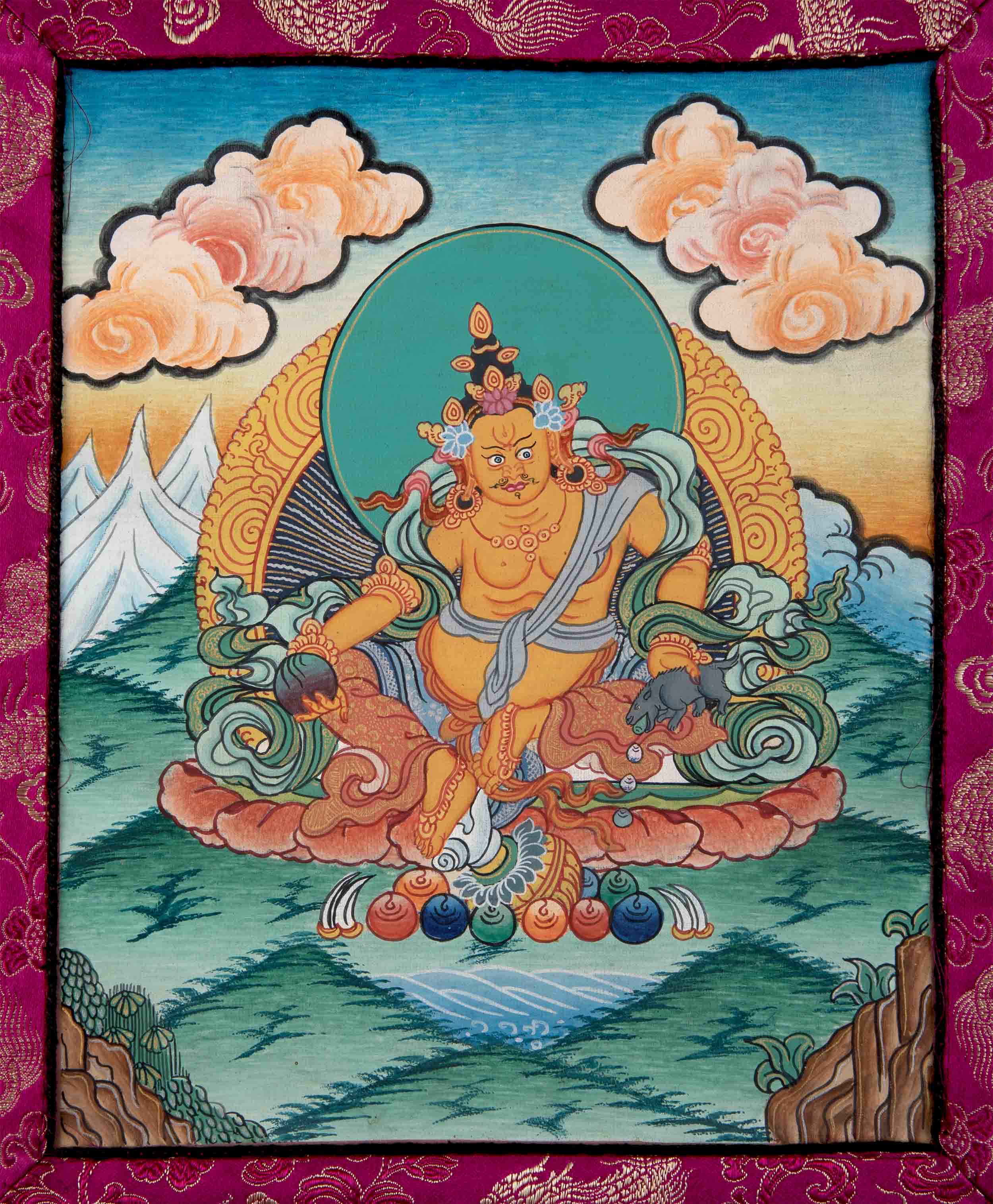 Dzambala Kubera Thangka With Brocade | Hand-Painted Deity Of Wealth
