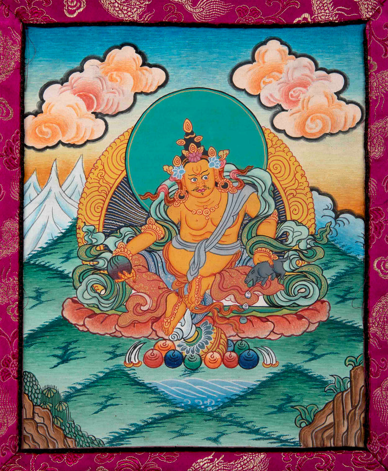 Dzambala Kubera Thangka With Brocade | Hand-Painted Deity Of Wealth