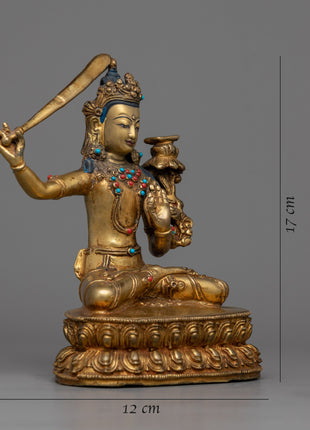 Gold Manjushri Statue | Hand-Carved Details on Sacred Sculpture