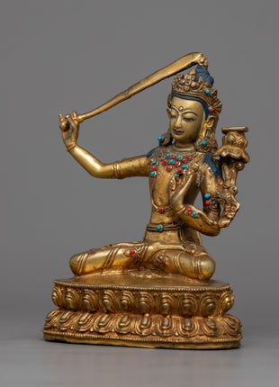 Gold Manjushri Statue | Hand-Carved Details on Sacred Sculpture