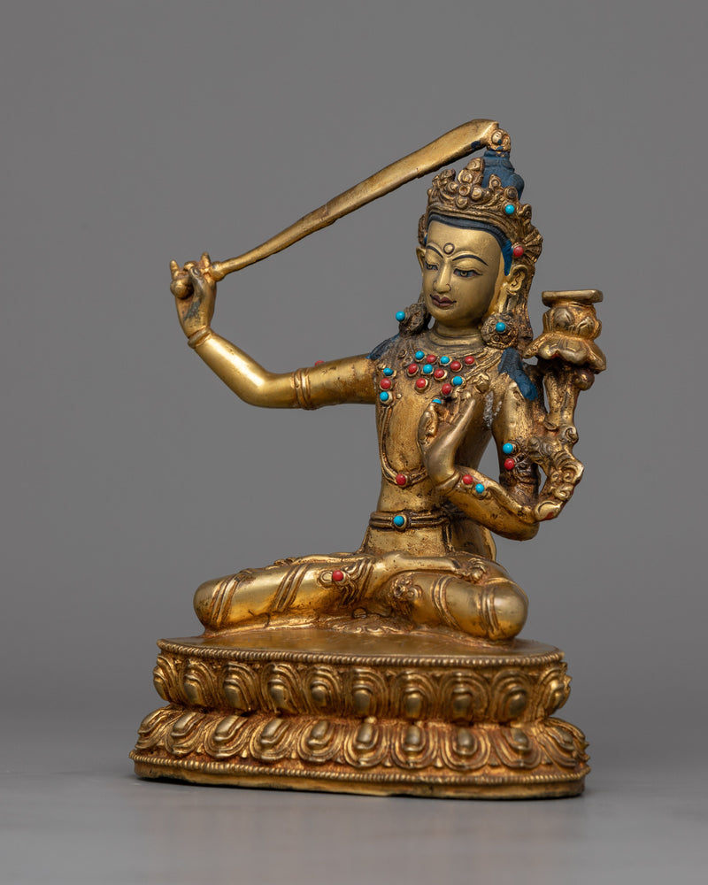 Gold Manjushri Statue | Hand-Carved Details on Sacred Sculpture