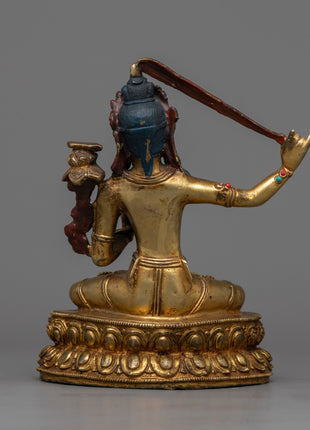 Gold Manjushri Statue | Hand-Carved Details on Sacred Sculpture