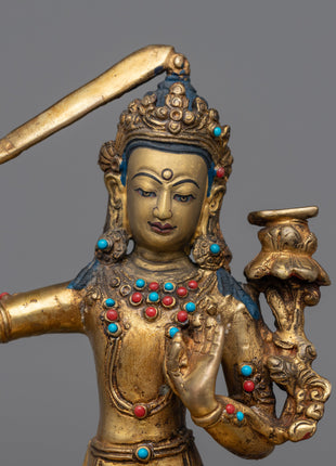Gold Manjushri Statue | Hand-Carved Details on Sacred Sculpture