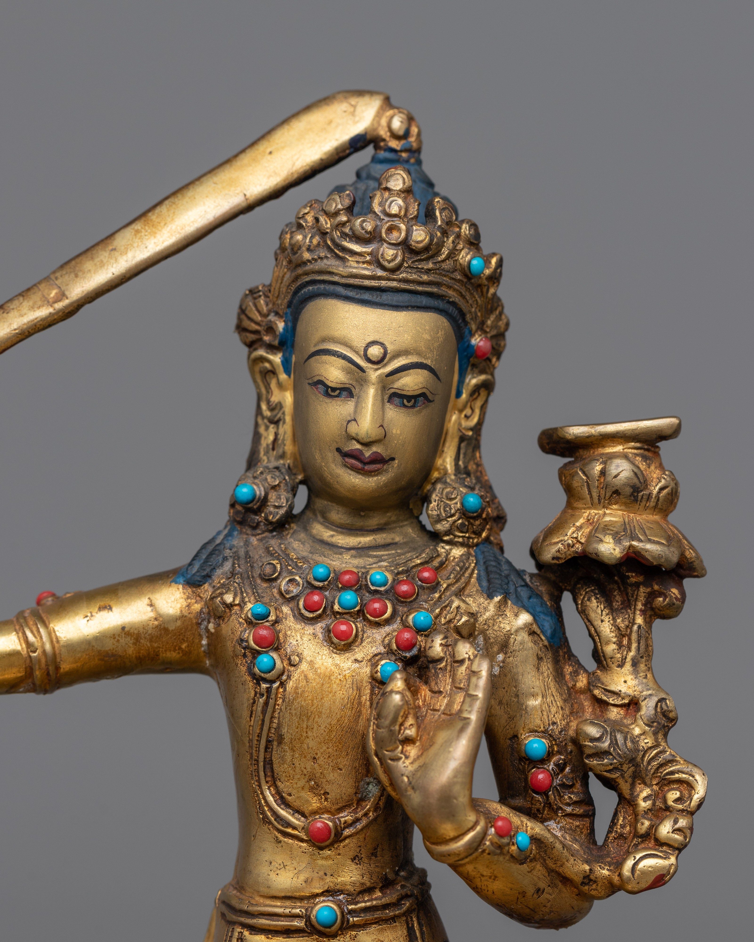 Gold Manjushri Statue | Hand-Carved Details on Sacred Sculpture
