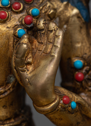 Gold Manjushri Statue | Hand-Carved Details on Sacred Sculpture