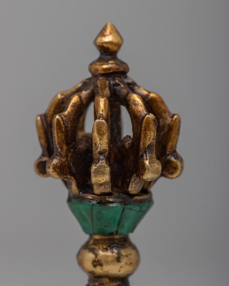 Tibetan Vajra Thunderbolt | Handcrafted Brass Body with Gemstone Inlays