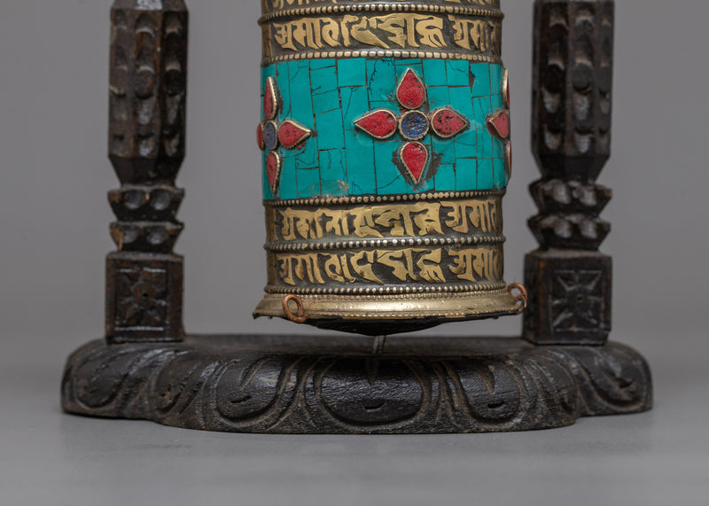 Brass Prayer Wheel on Wooden Frame | Traditional Tibetan Mantra Crafted