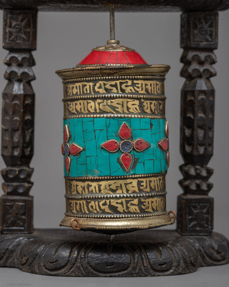 Brass Prayer Wheel on Wooden Frame | Traditional Tibetan Mantra Crafted