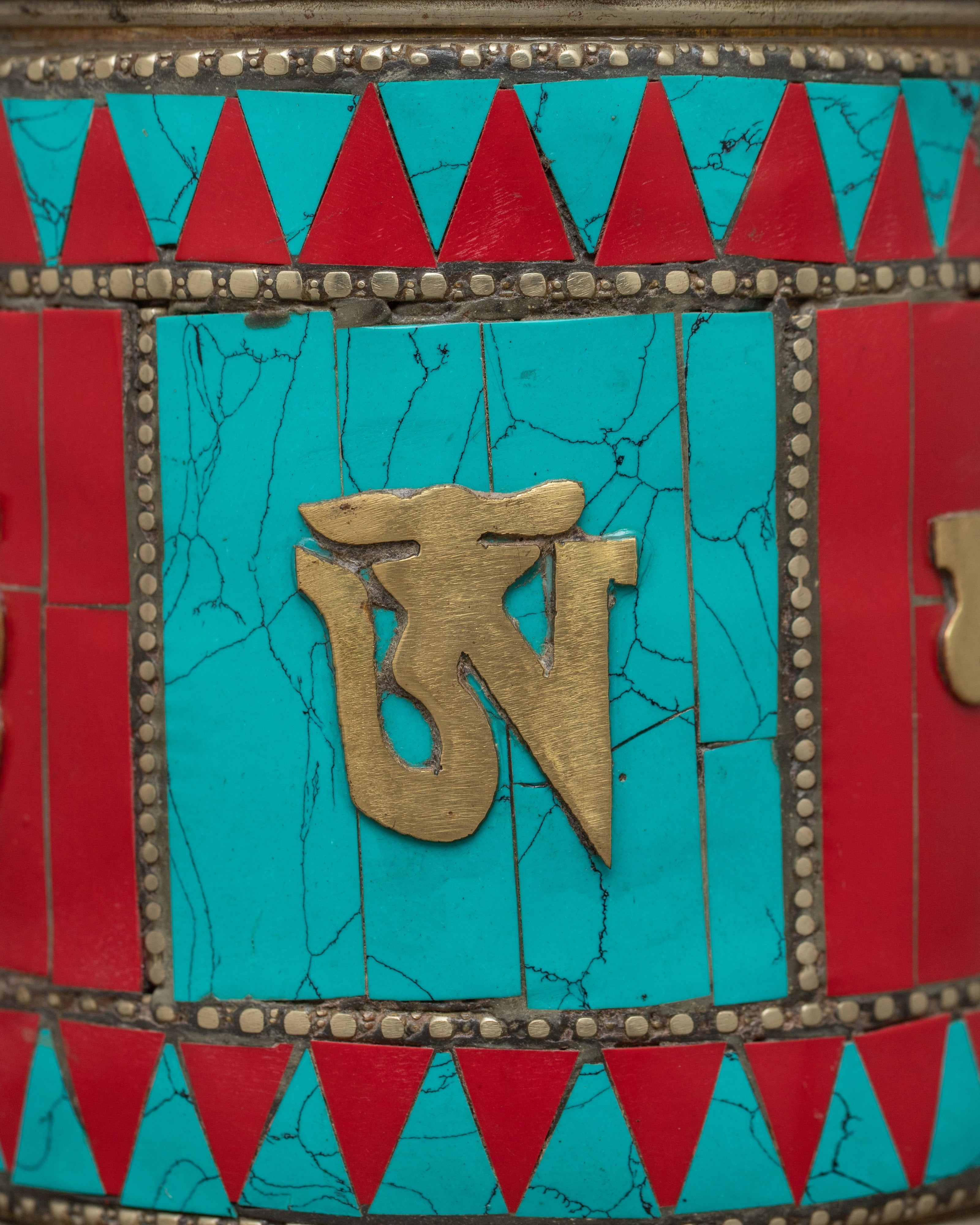 Turquoise, Coral Stones Inlaid Prayer Wheel With Wooden Frame
