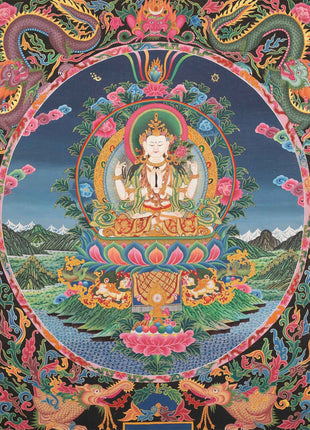 4 Armed Chengrezig Thangka | Buddhist Newari Art Style from Kathmandu Nepal