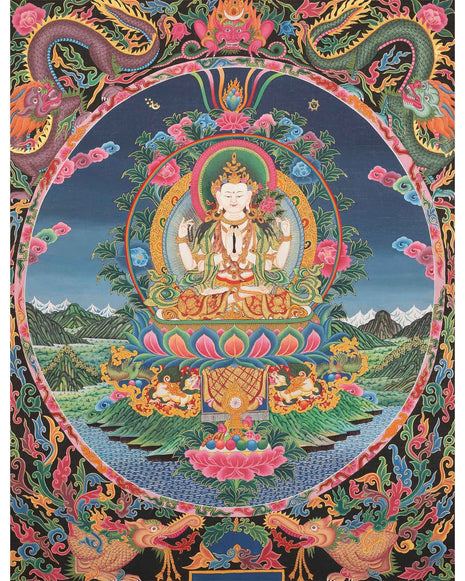 4 Armed Chengrezig Thangka | Buddhist Newari Art Style from Kathmandu Nepal