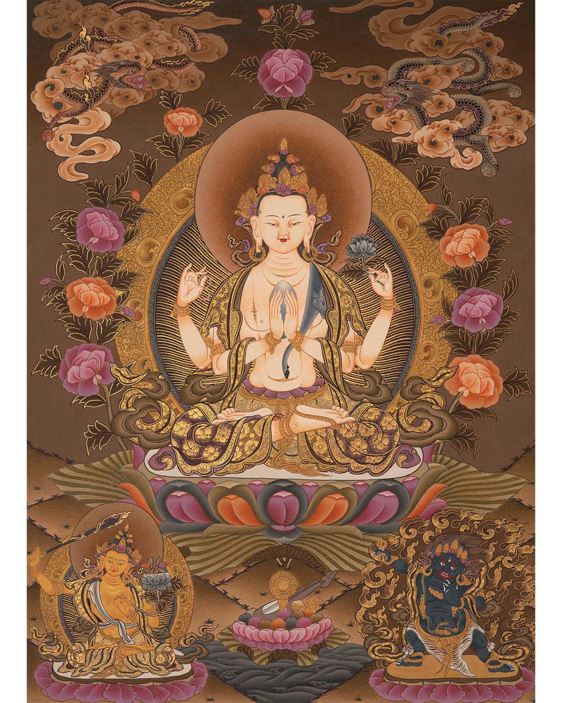 4Armed Chengrezig Thangka | Traditional Buddhist Painting