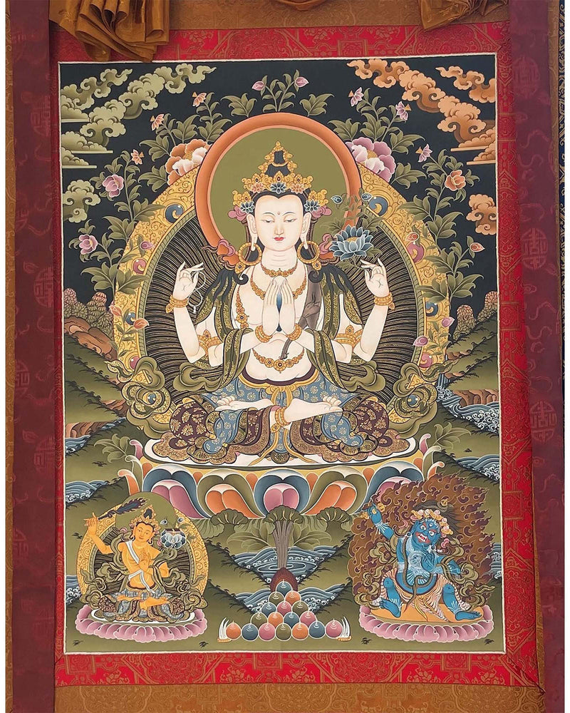 4 Armed Chengrezig | Avalokiteshvara Tibetan Thangka | Wall Decors