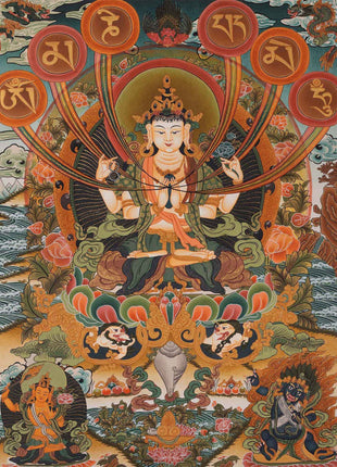 4 Armed Chenrezig | Avalokiteshvara Thangka Painting from Nepal