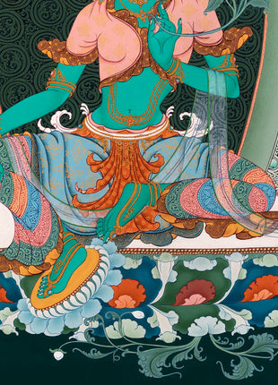 Green Tara Thangka Print | Digital Canvas Print | Buddhist Painting Print
