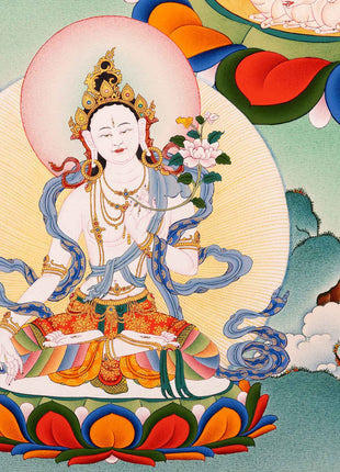 Sitatapatra Thangka Print with Green Tara, White Tara and Chenrezig