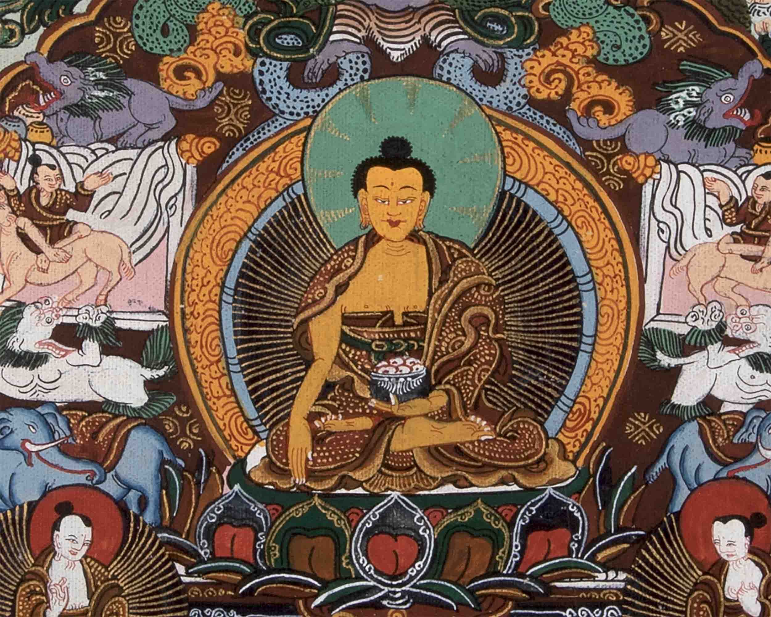 Vintage Buddha Life Story Thangka With Brocade