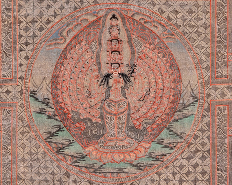 Silver Lokeshvara Mandala with Brocade | Tibetan Chenrezig Wall Hanging