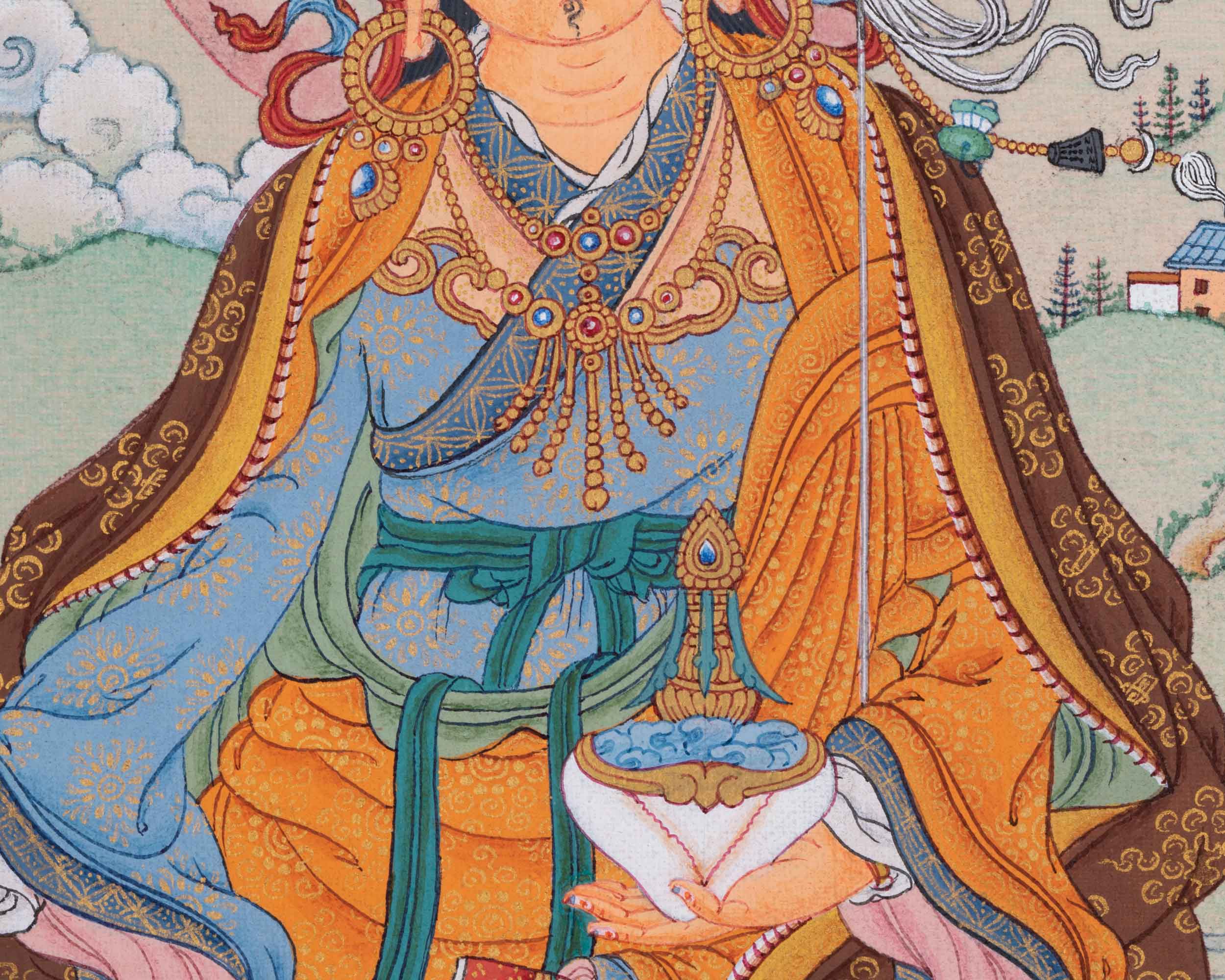 Traditionally Hand-Painted Guru Rinpoche Mantra Thangka | Tibetan Lotus Born Master Art For Prayers